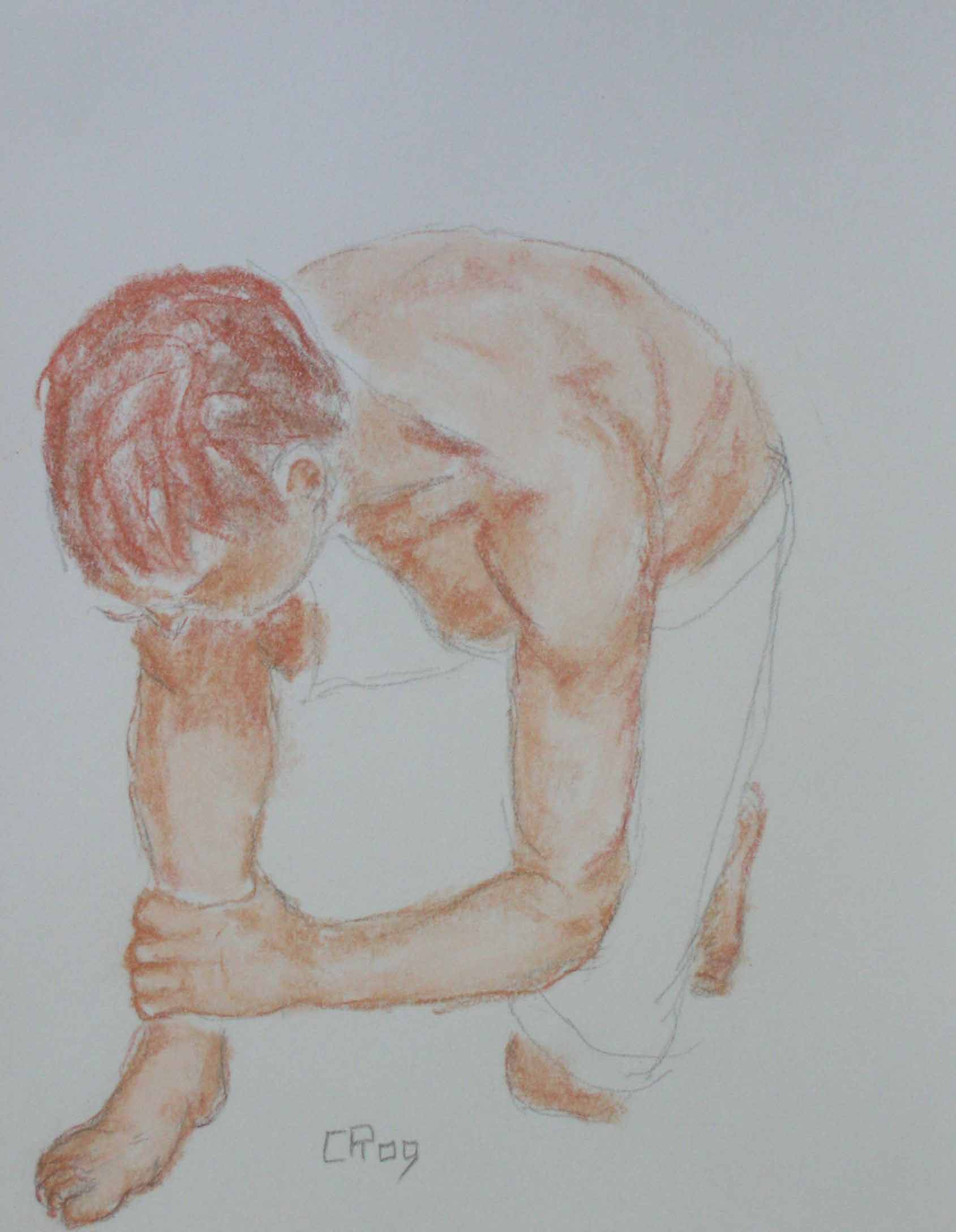 drawing of kneeling figure holding ankle